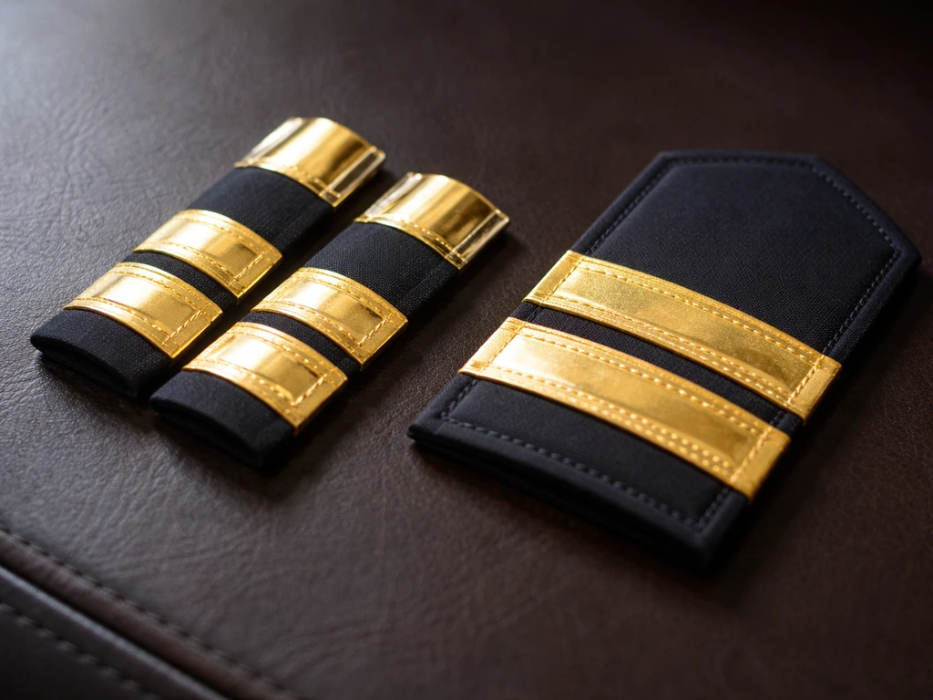 Close-up of gold commissioned-officer rank insignia stripes and a shoulder-board patch on dark leather.