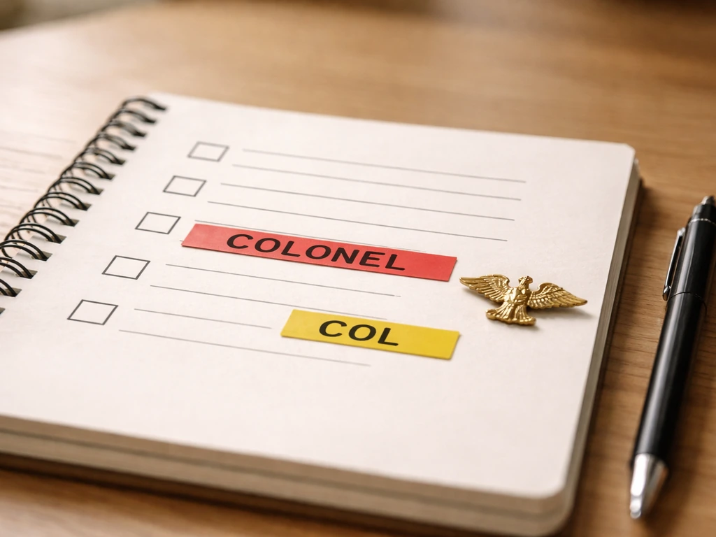 Notebook with colored highlight markers for COLONEL and COL, plus a small eagle insignia pin.