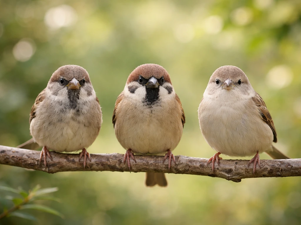 Three small birds perched on natural branches, symbolizing French phrases for “little bird”.