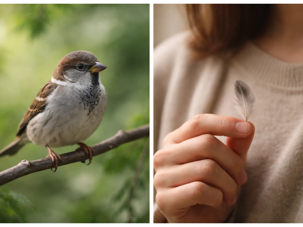 Split image: a small sparrow perched outdoors and a close-up of a hand gently holding a feather, suggesting “little bird