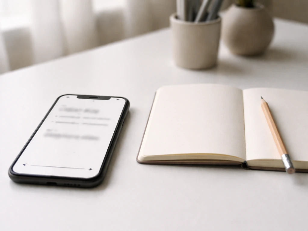 Smartphone on a desk showing blurred pronunciation guidance for “petit oiseau,” with a blank notebook nearby.