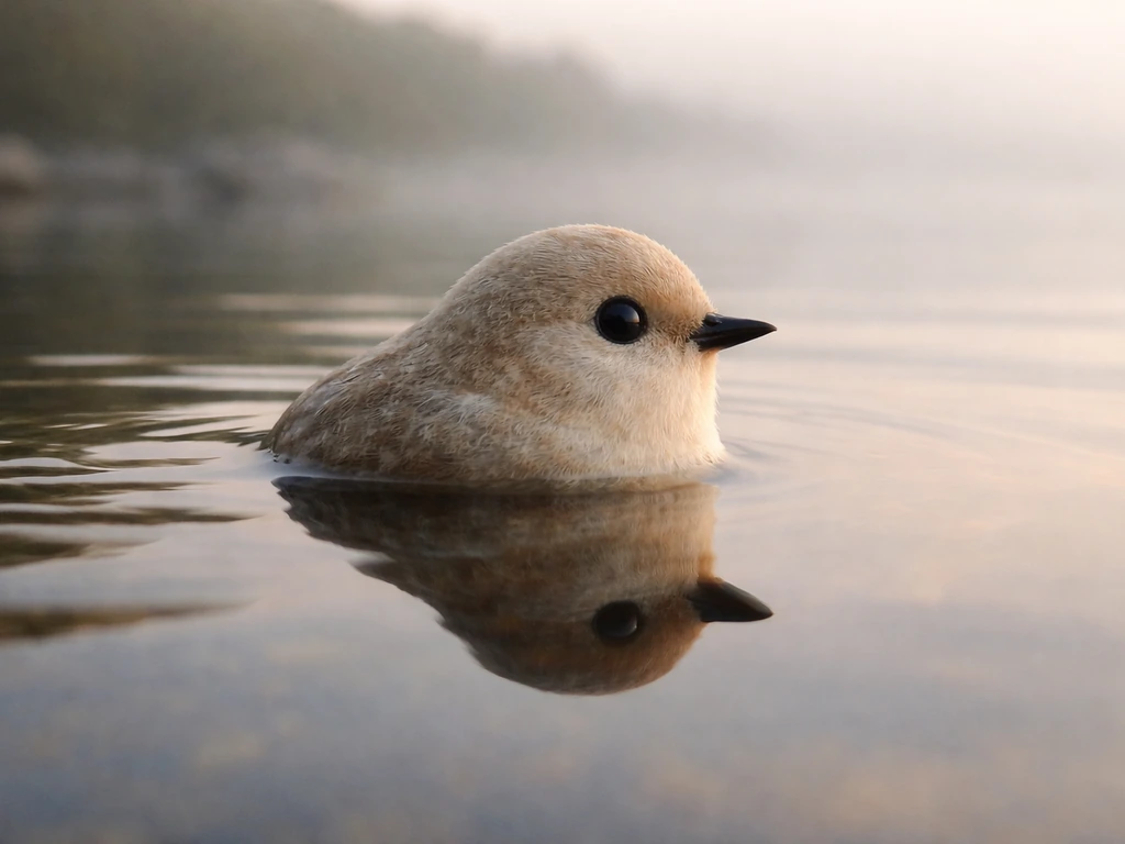 Close-up of a small bird on calm water, face in profile with sharp beak and eye details