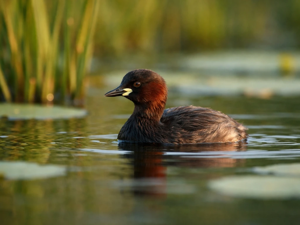 A little grebe partially submerged among reeds and lily pads in a calm freshwater pond.