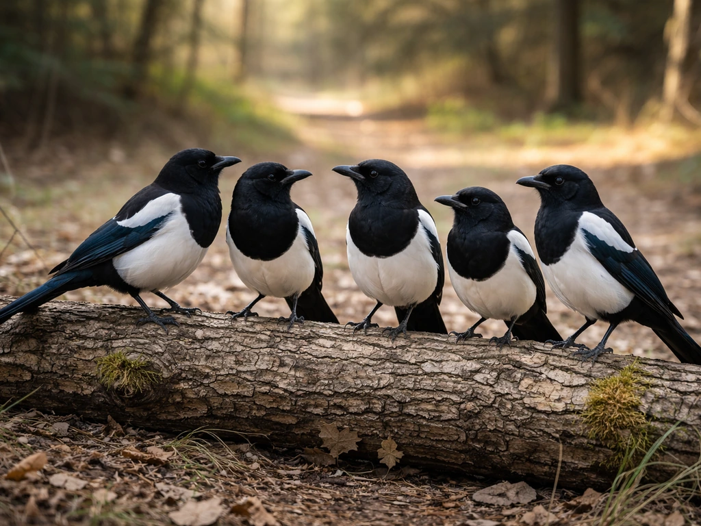 A group of magpies perched together on a fallen log in a quiet woodland clearing.