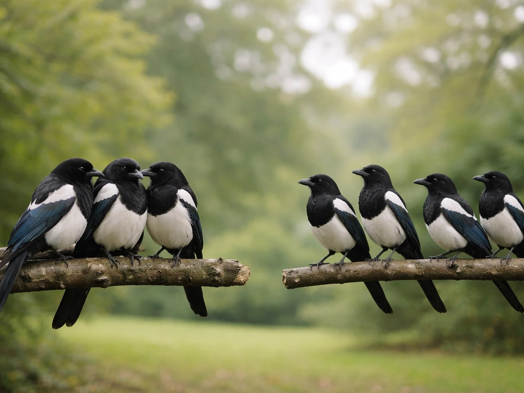 Two small groups of magpies side-by-side to suggest “conventicle” and “tribe” collective nouns.