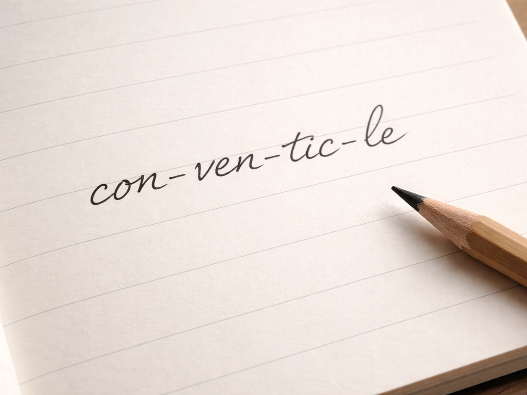 Close-up of handwritten word “conventicle” on a notebook page with subtle syllable spacing.