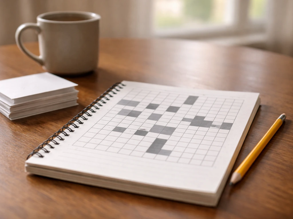 Tabletop crossword notebook with pencil and blank flashcards, suggesting a word-puzzle clue context.