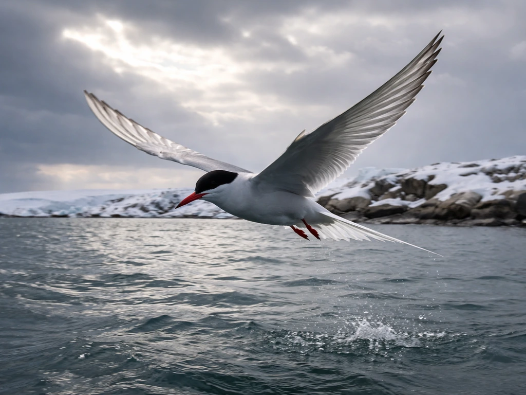 Arctic tern flying over icy polar coastal waters under an overcast sky.