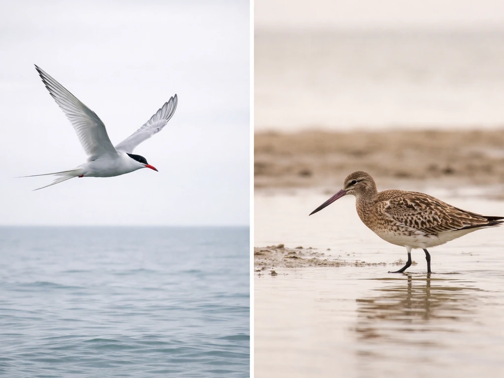 Split photo: Arctic tern flying over ocean and a bar-tailed godwit wading in shallow mudflats.