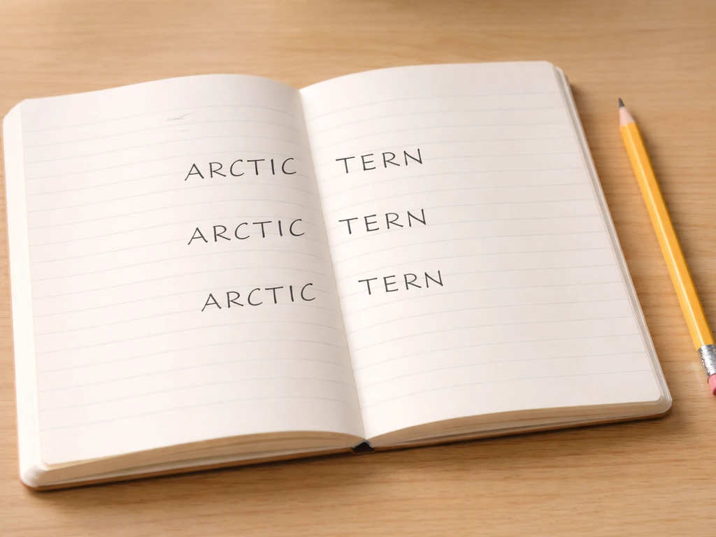 Minimal close-up of an open notebook with handwritten words ARCTIC TERN in block letters.