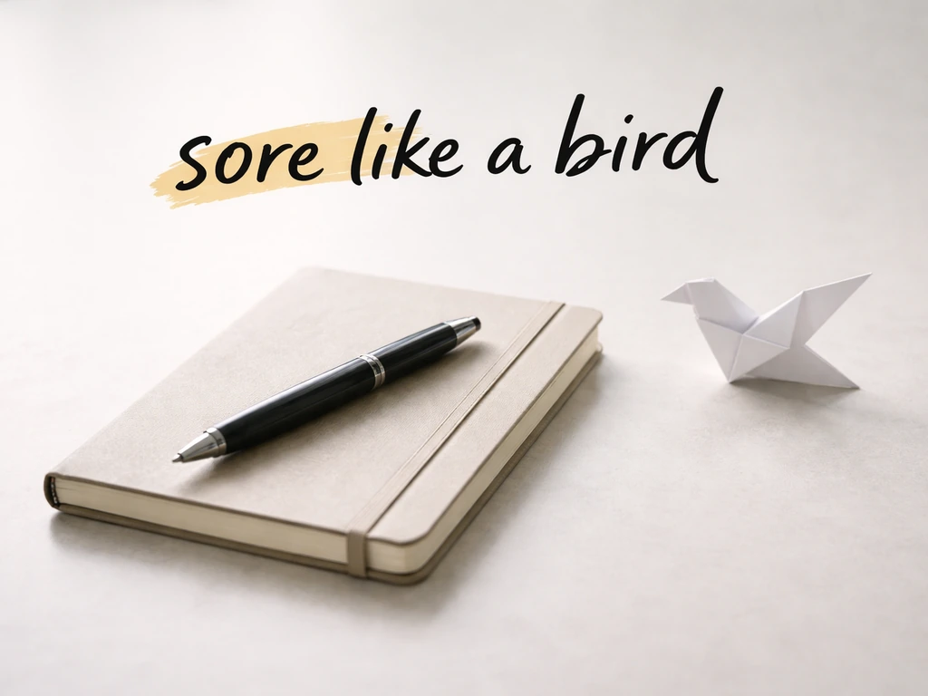 Minimal desk scene with a small bird icon and highlighted homophones for sore, soar, and shore spelling check.