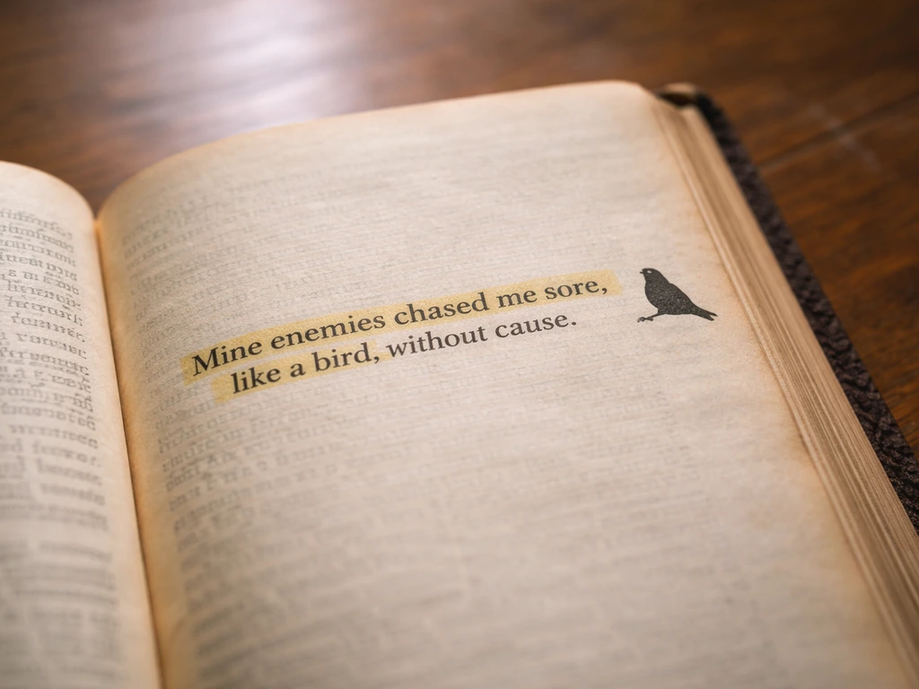Open Bible page with highlighted text and a small simple bird silhouette cue in the margin