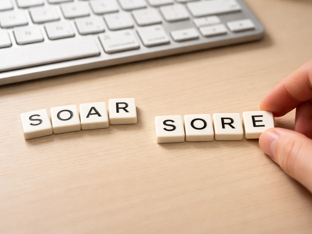 Close-up of computer keyboard with letter tiles showing “soar” swap vs “sore” intent.