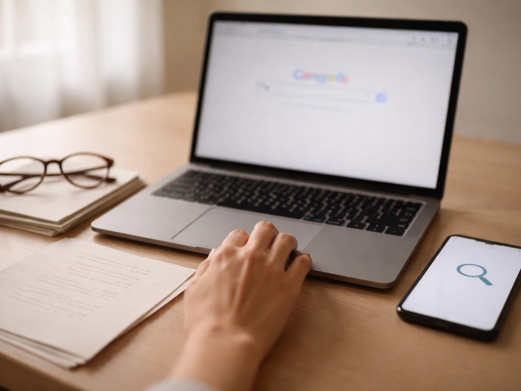 Minimal desk with laptop and phone showing a generic search workflow for verifying exact wording in sources.