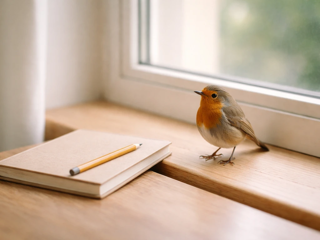 Close-up of a bird perched on a windowsill beside a simple notebook, natural light and minimal scene.