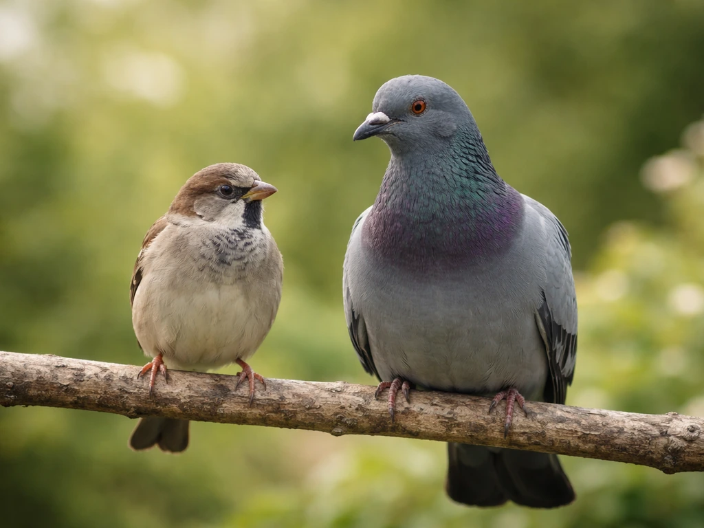 A sparrow and a pigeon perched side-by-side on a branch with a softly blurred background.