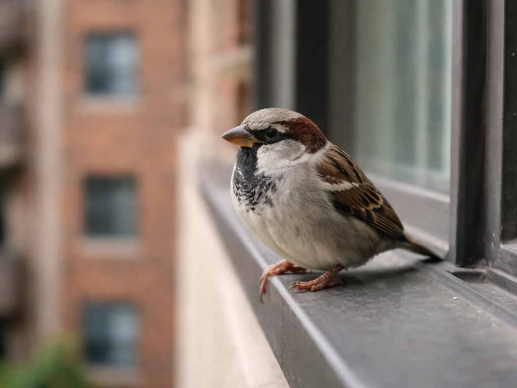 Brown-and-gray house sparrow perched on a metal window ledge beside apartment buildings.