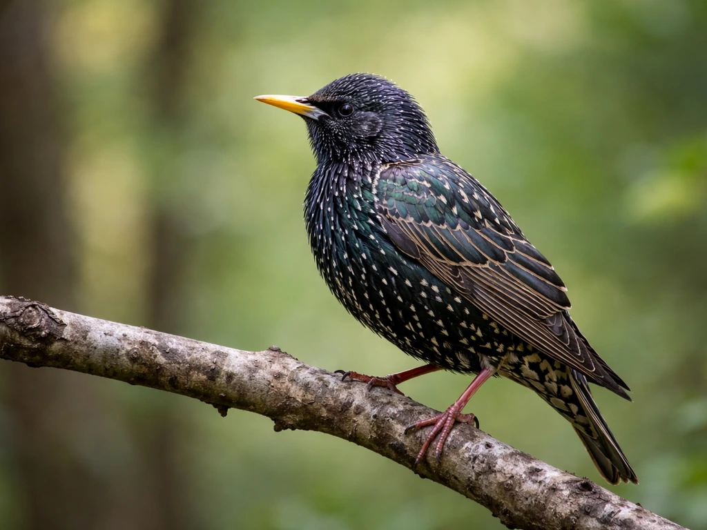 European starling perched on a branch, showing glossy dark feathers with hints of iridescence.