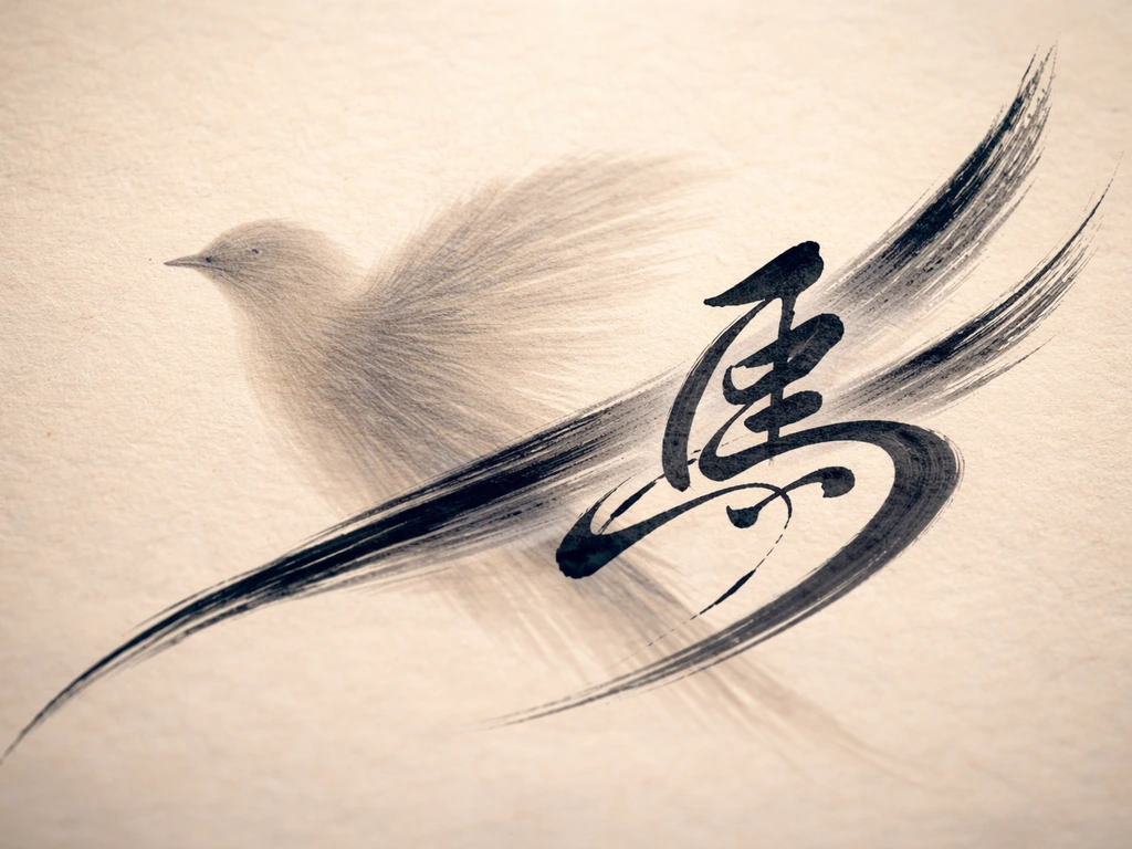 Minimal close-up of brush-stroke ink over a subtle bird silhouette on warm washi paper background.