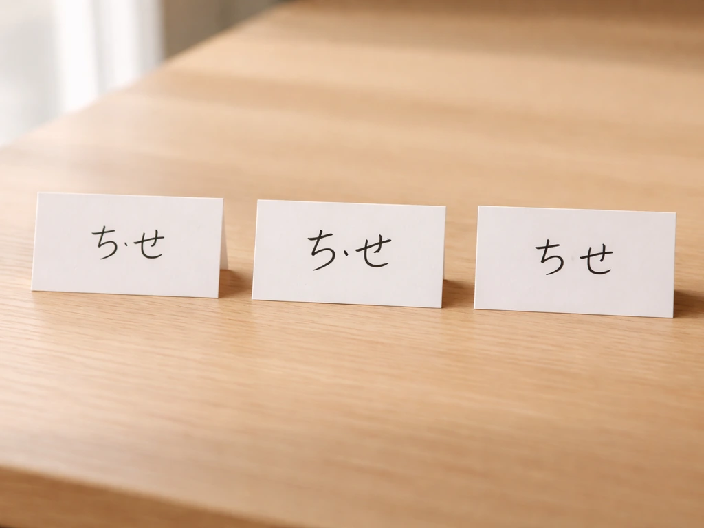 Minimal photo showing three different Japanese given-name cards featuring the name “Chise” in Japanese script.