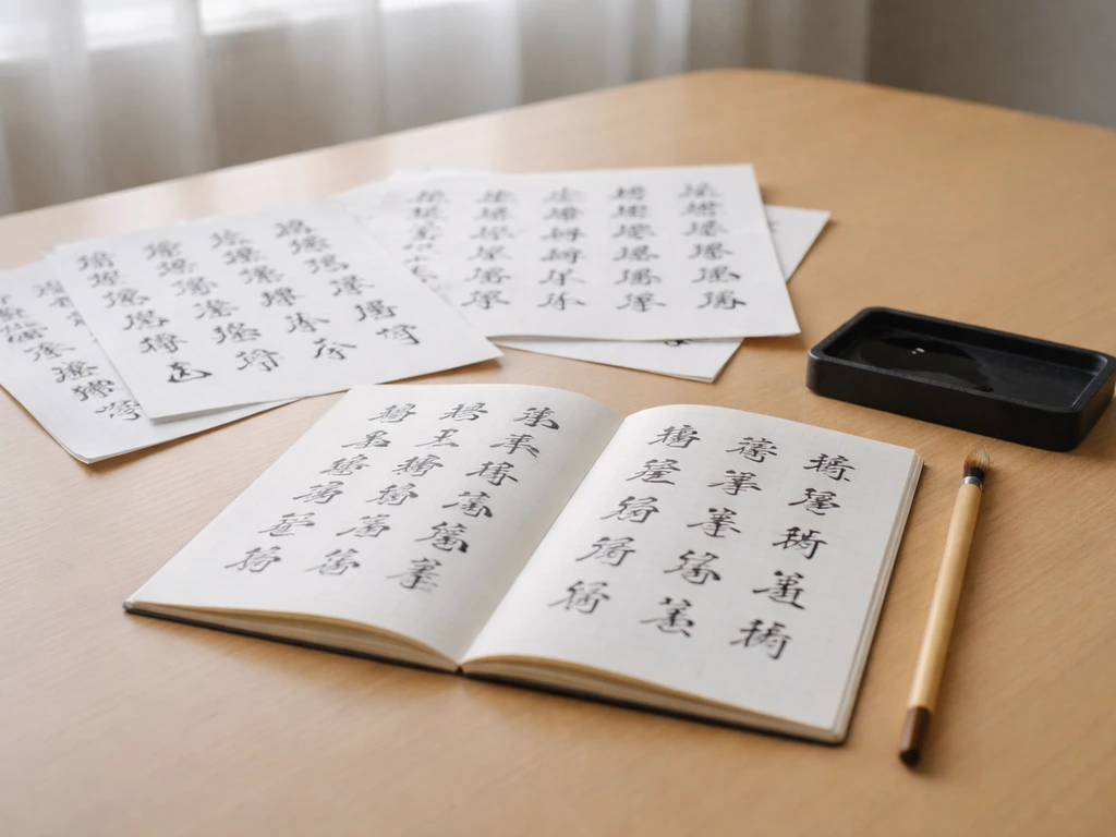 Minimal desk scene with an open notebook and brush, showing handwritten kanji practice papers.