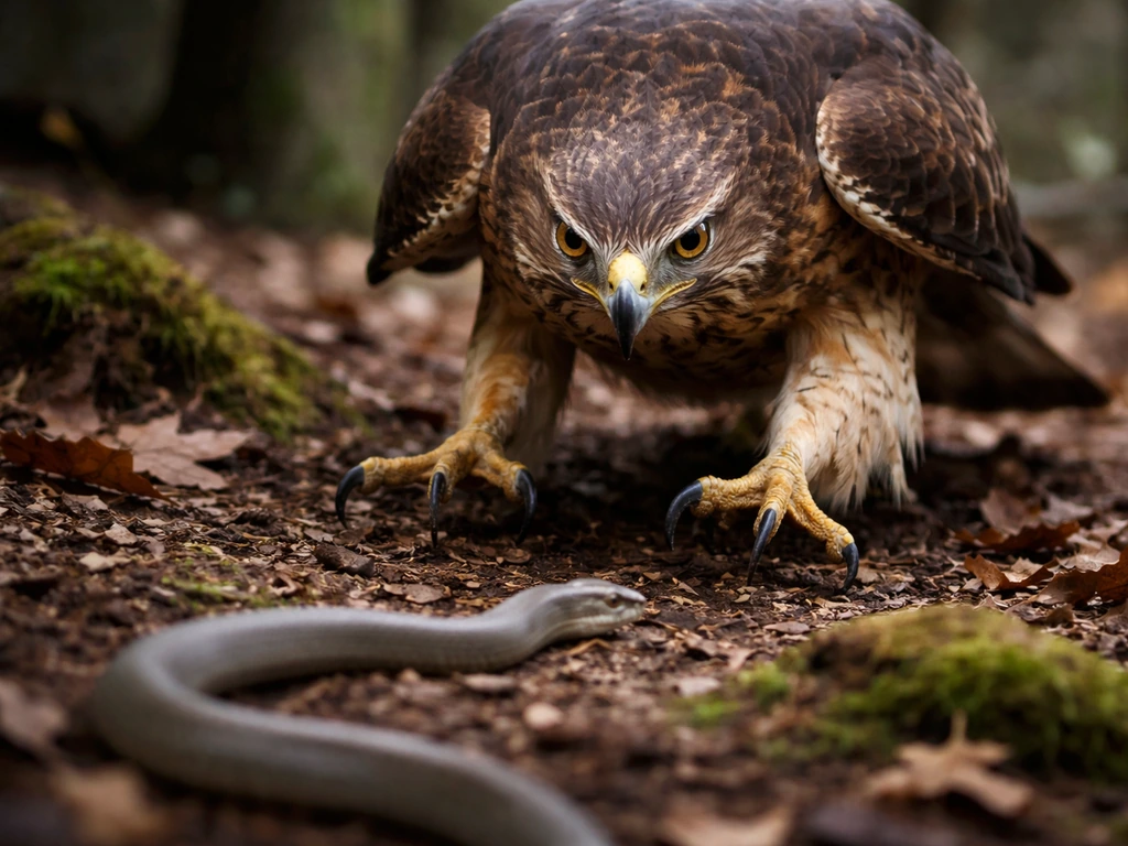 A hawk about to strike a limbless snake on a forest floor in dramatic natural light.