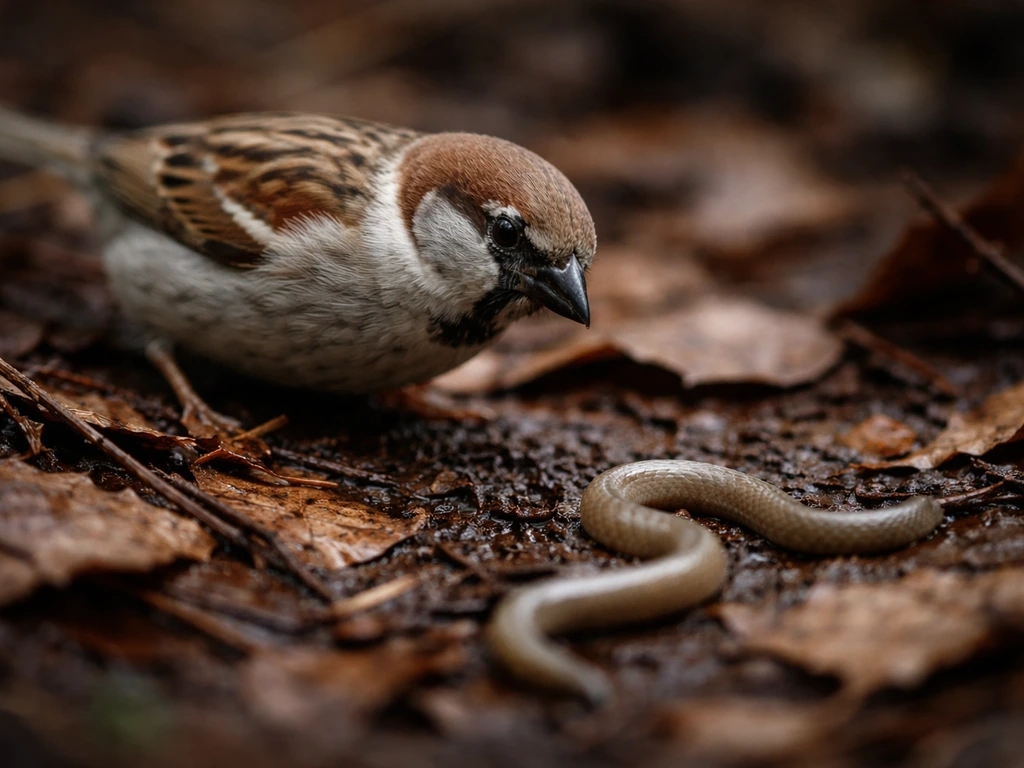 Small wild bird foraging on damp forest leaves beside a writhing snake-like limbless prey.