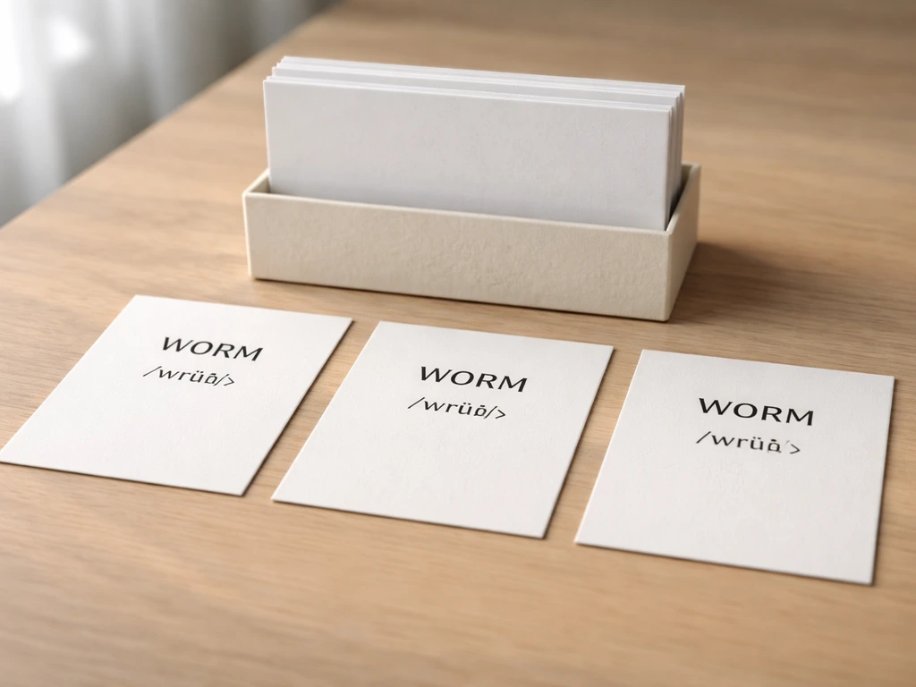 Minimal desk scene with a paper card showing WORM and its phonetic cue, clean and uncluttered
