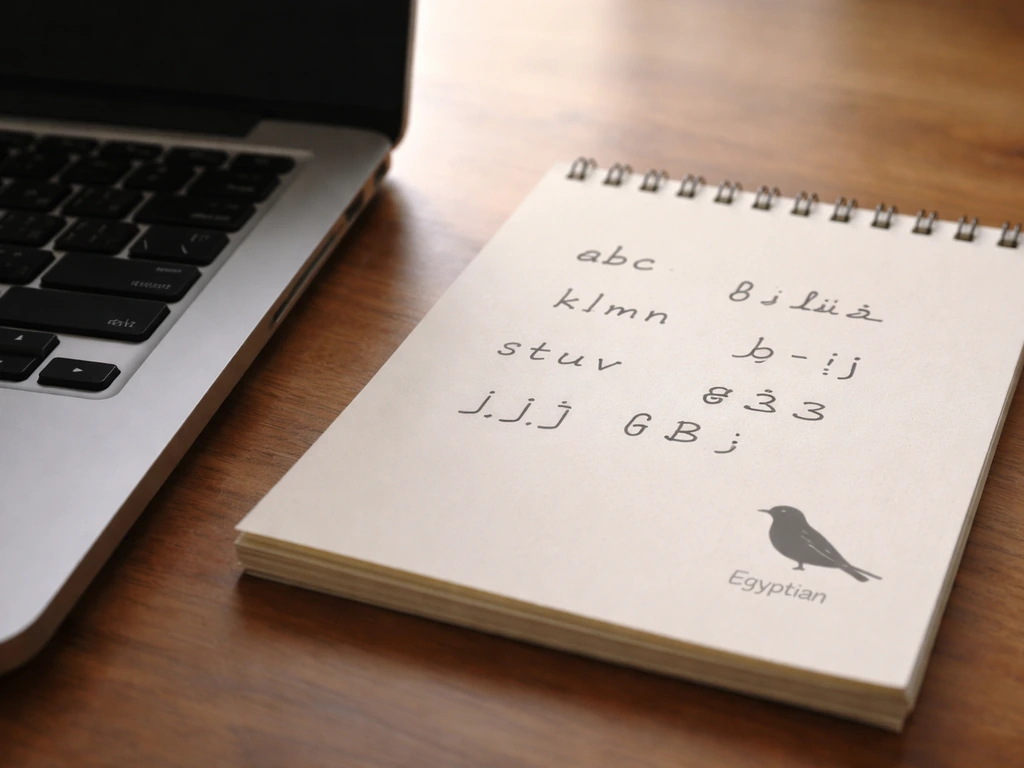 Close-up of a laptop keyboard with Latin characters and Arabic script, next to a simple bird silhouette