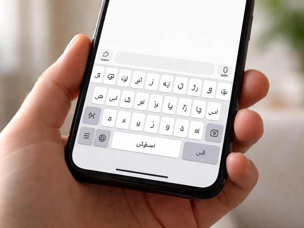 Hand holding a smartphone showing Gboard keyboard with Arabic input selected and globe/keyboard switching cue.