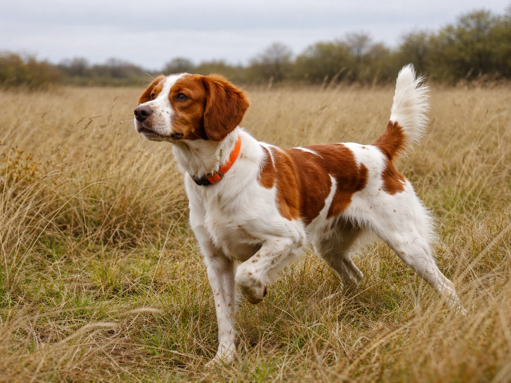 Brittany Spaniel in a hunting field holding a raised, alert bird-hunting posture