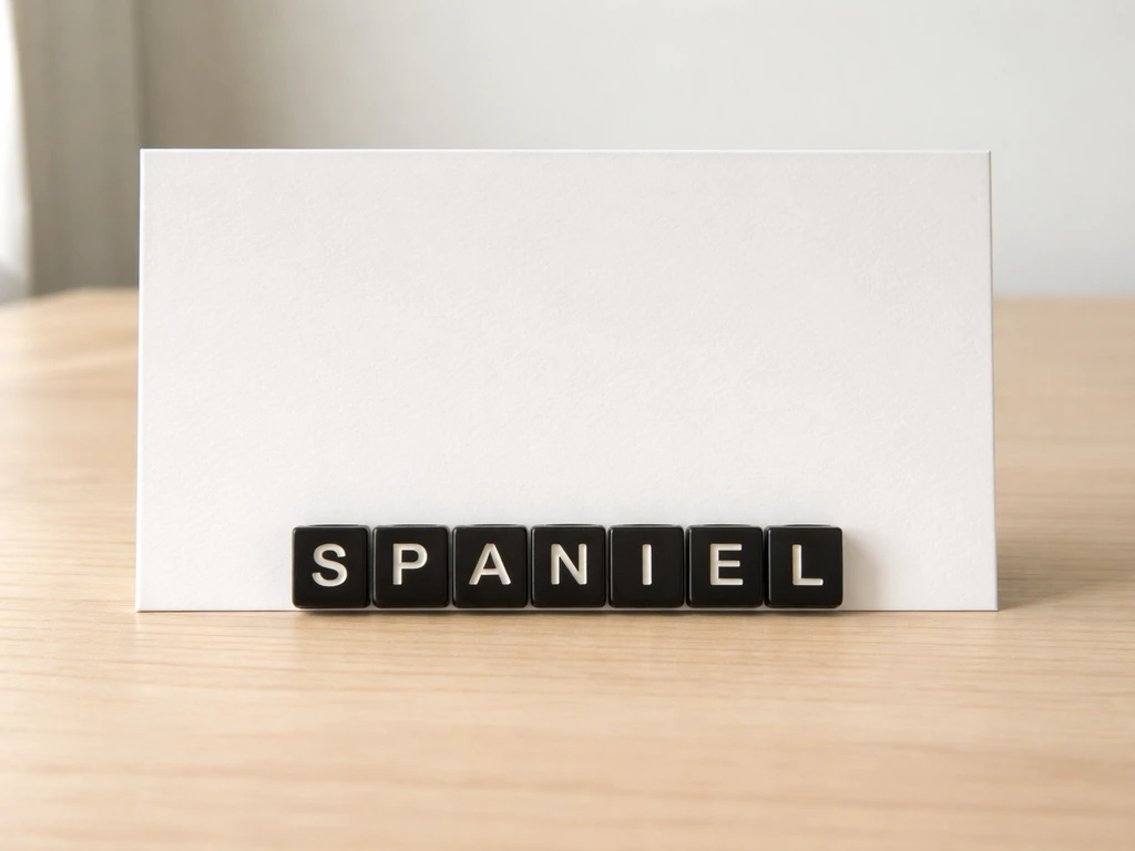 Minimal desk photo showing seven letter tiles spelling SPANIEL in one continuous row.