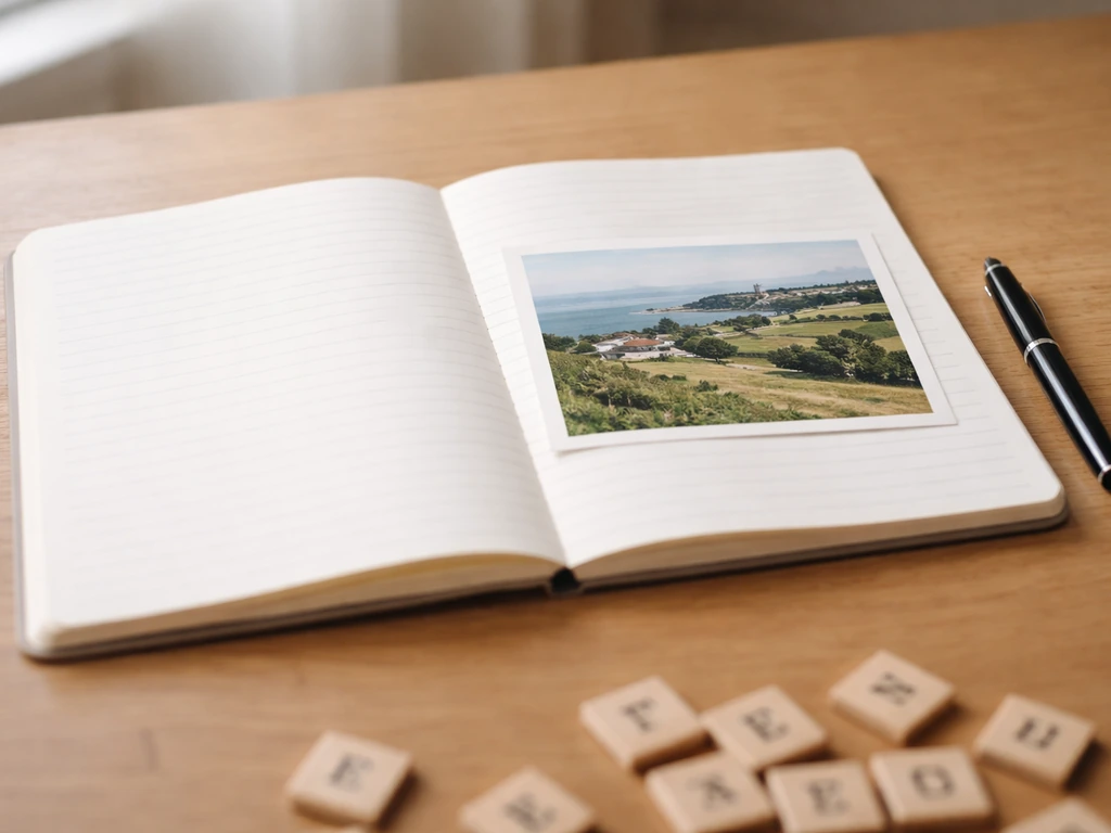 Close-up of an open notebook with French countryside postcard, soft hand-written notes out of focus
