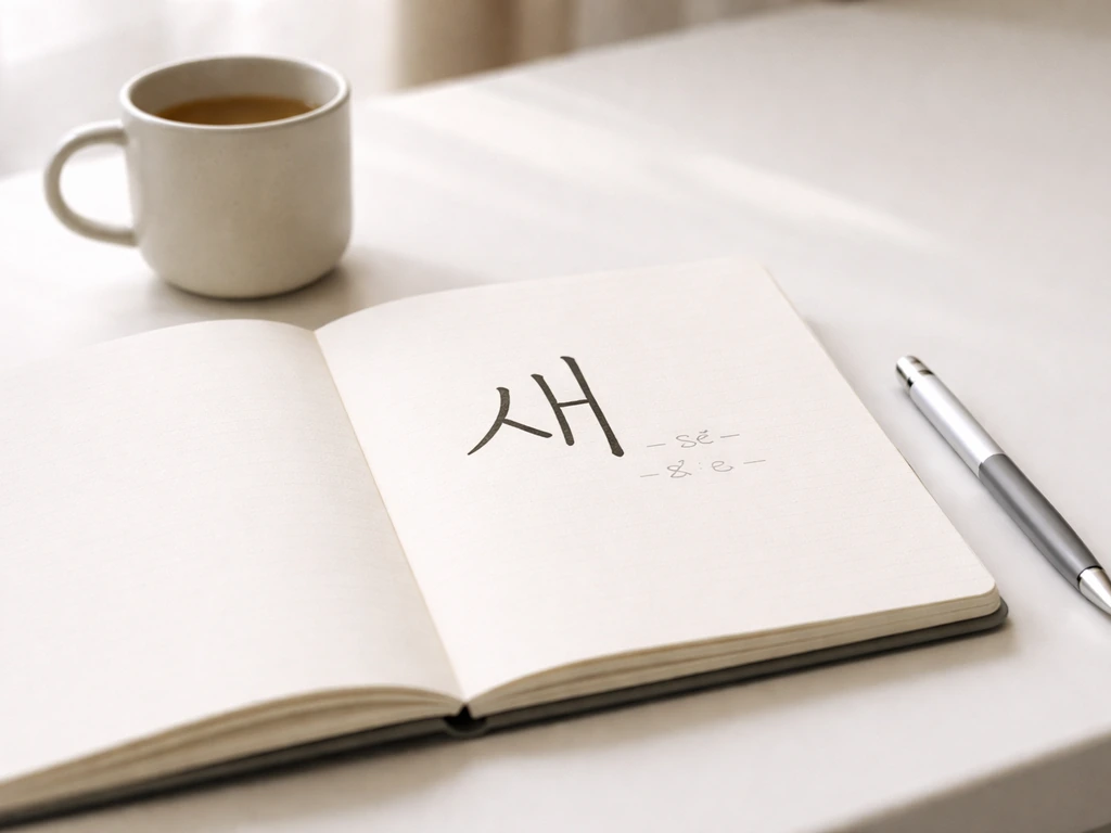 Minimal photo-style scene with the Korean word 새 in Hangul, plus simple romanization and pronunciation hints.