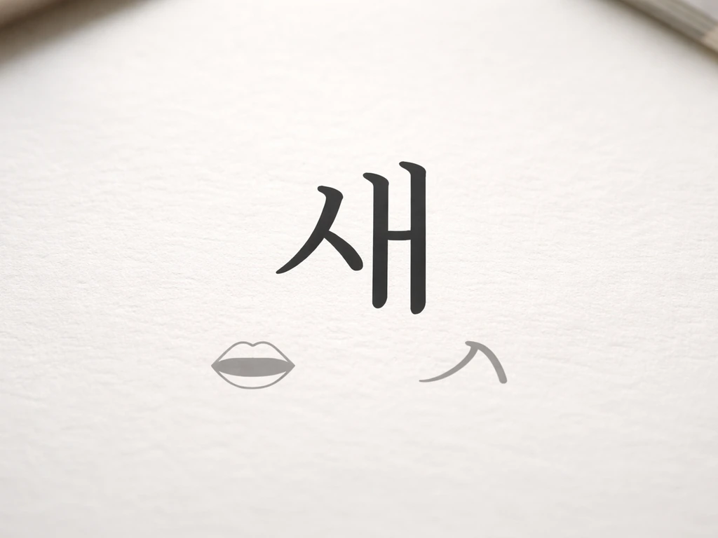 Close-up of Hangul letter 새 with subtle pronunciation icon and phonetic cues, minimal learning vibe
