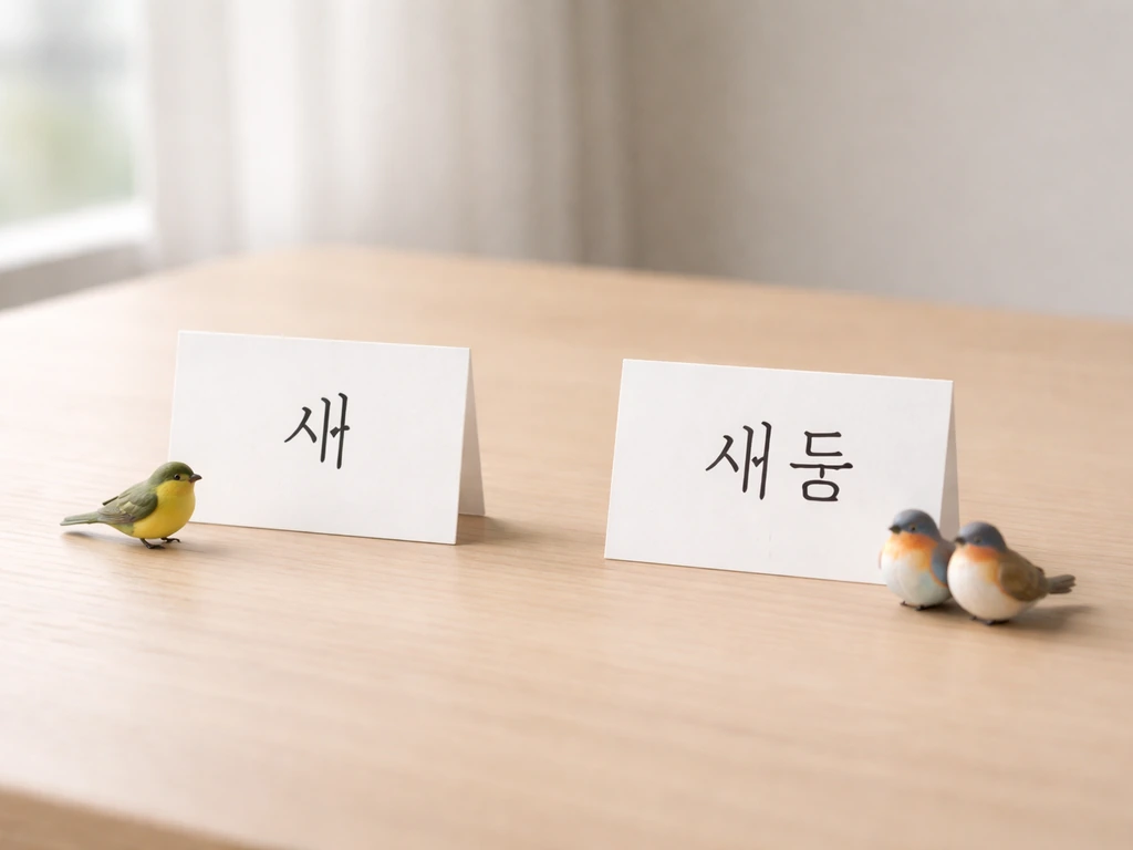 Two cards on a light wood desk with small bird figurines showing single vs plural in Korean.