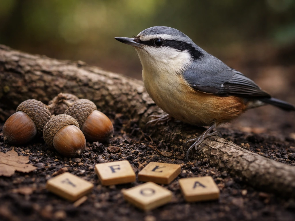 A nuthatch-like bird perched by acorns, with scattered letter tiles nearby for nut-word clue vibe.