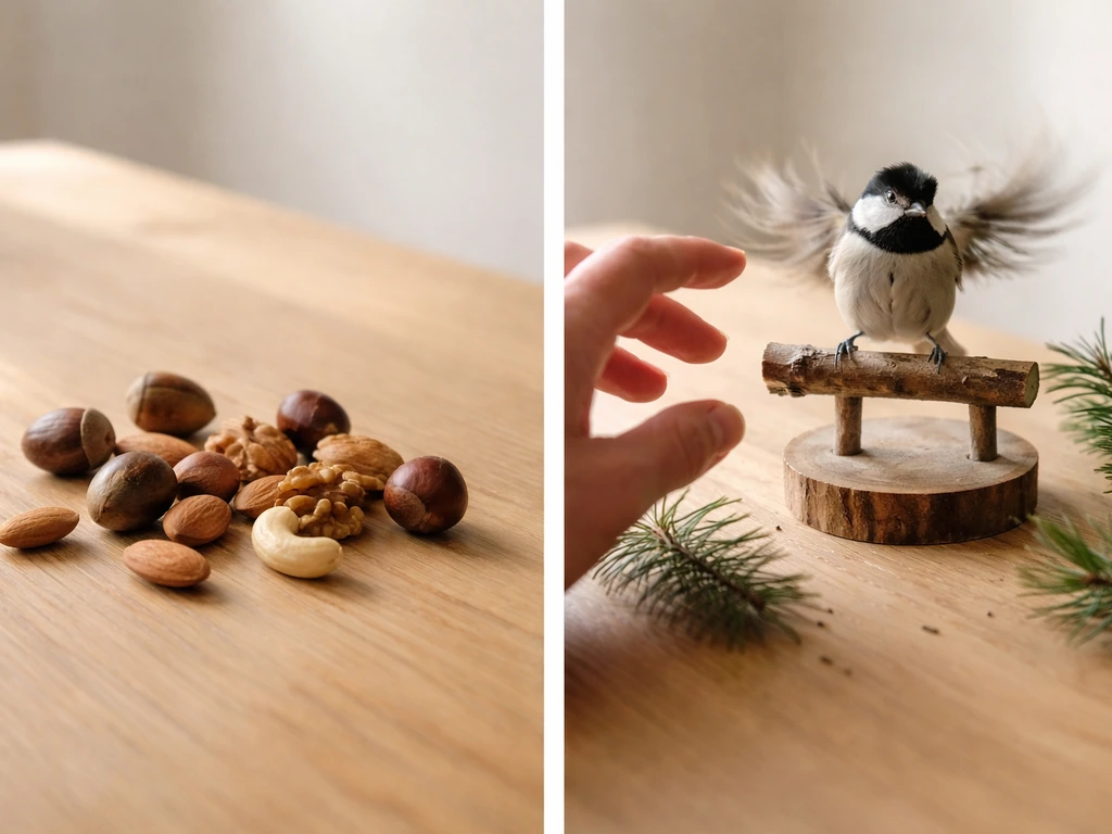 Wooden table with acorns and nuts on one side, a small songbird with pine twigs on the other.