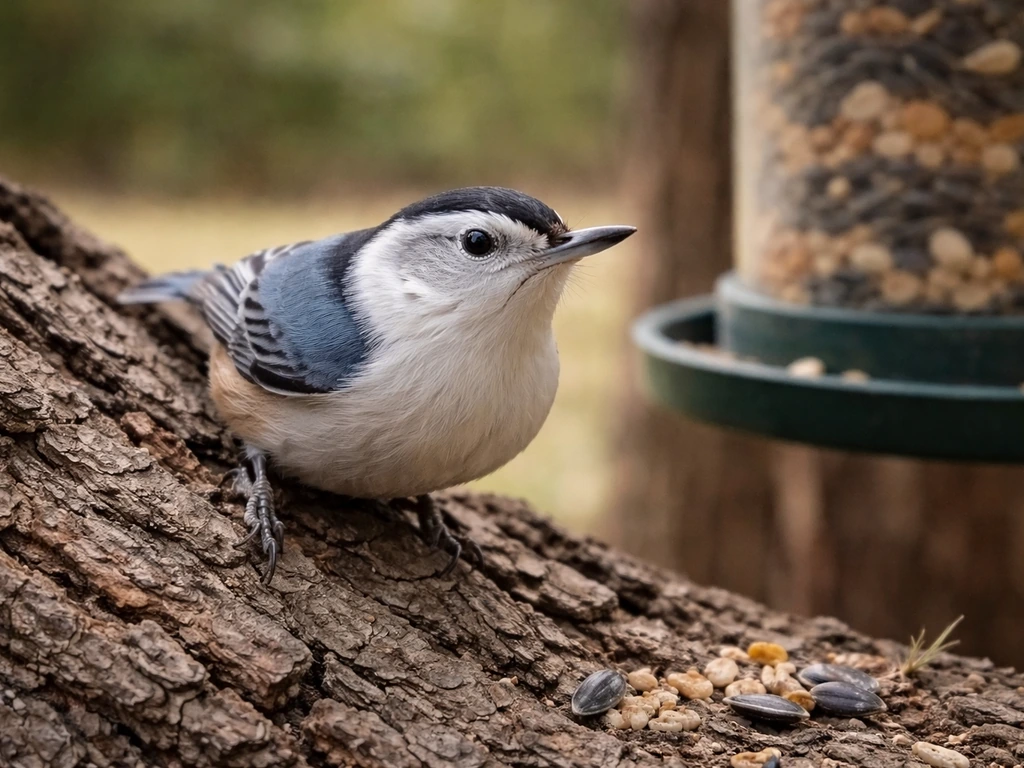 A nuthatch clings to tree bark near a bird feeder, facing camera with natural light.