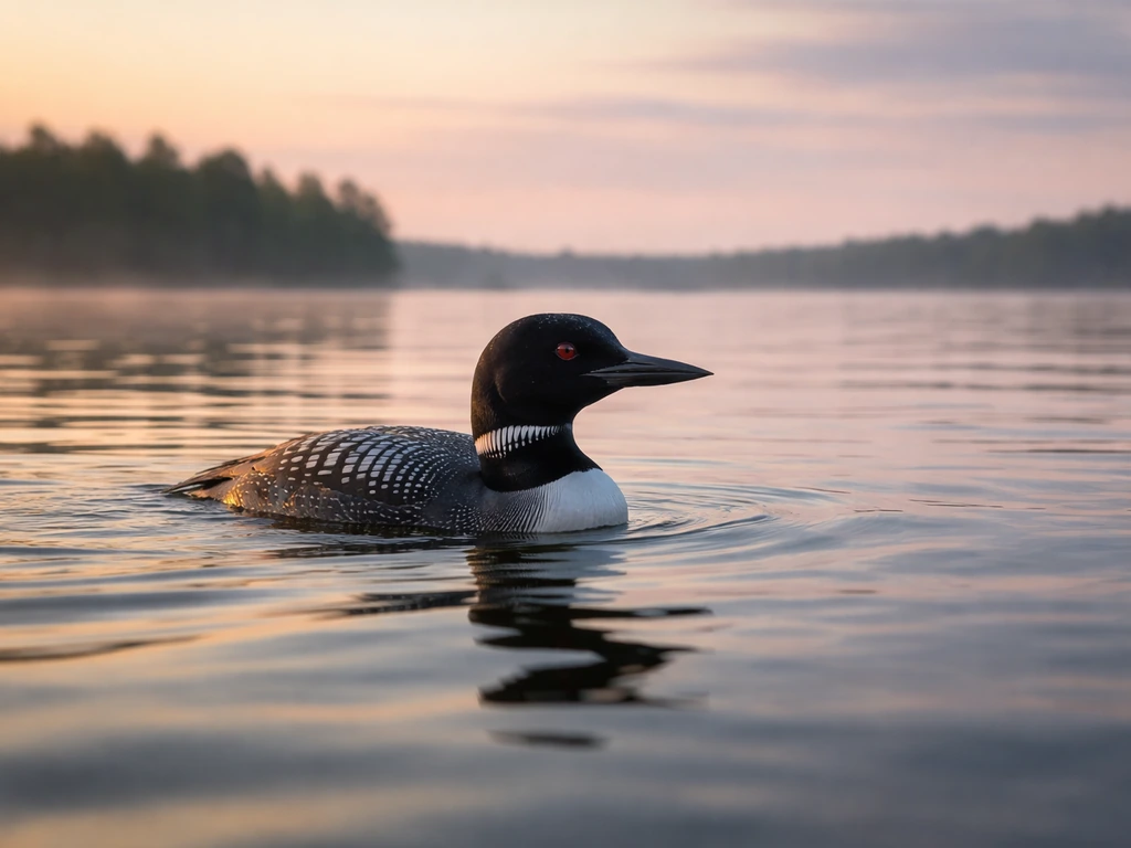Common Loon swimming on a calm lake at dawn with soft ripples and a blurred shoreline.