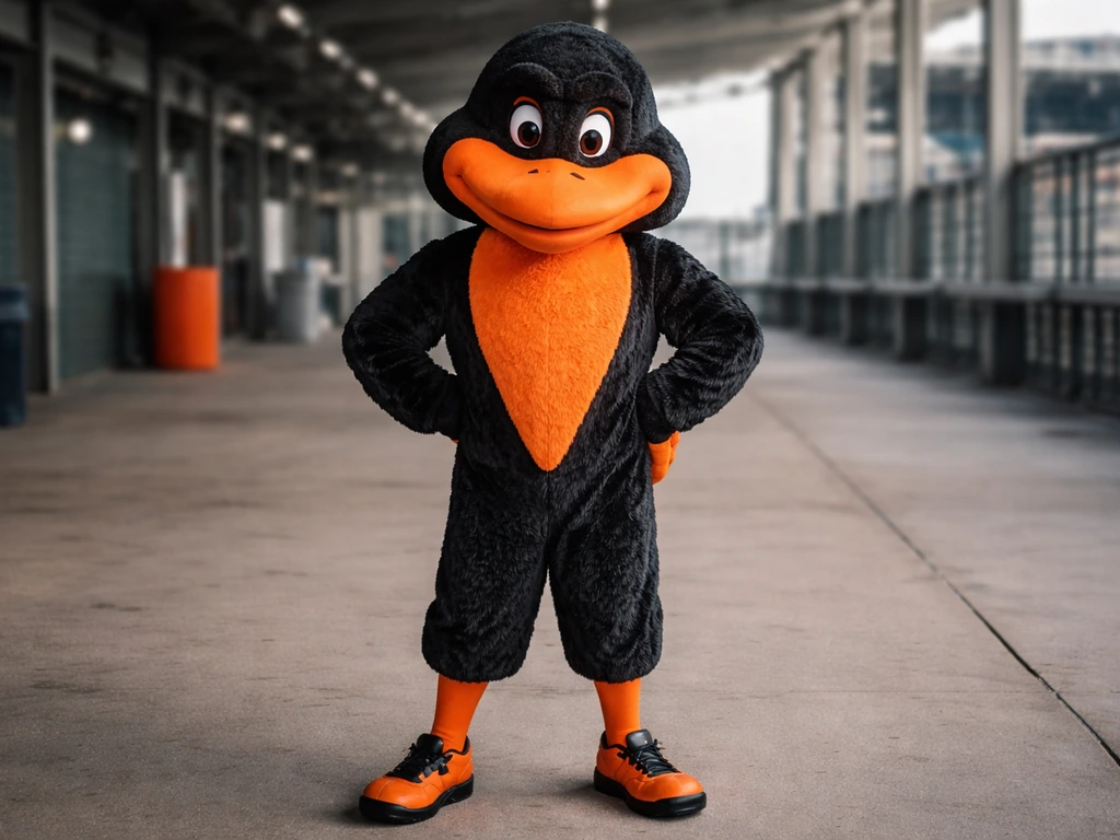 Close-up of the Baltimore Orioles Oriole Bird mascot in black-and-orange colors