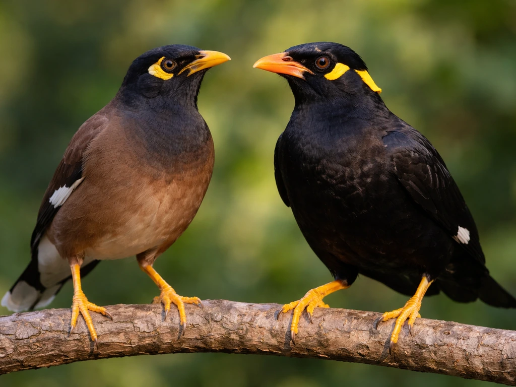 Two myna-type birds perched close together on a branch, highlighting the group of myna birds.
