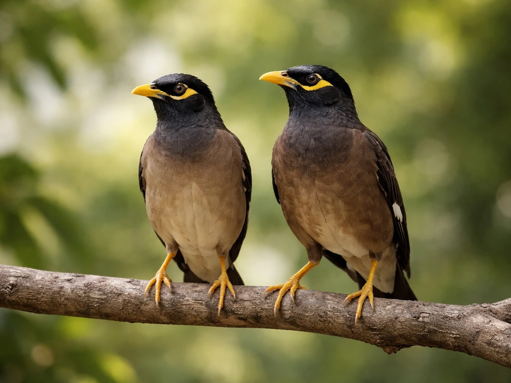 Two myna birds perched on a branch in soft natural light, side-by-side, with blurred foliage background.