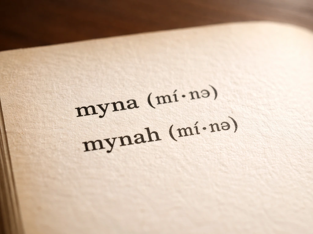 Close-up of an open dictionary page showing the words “myna” and “mynah” with clear syllable emphasis marks.