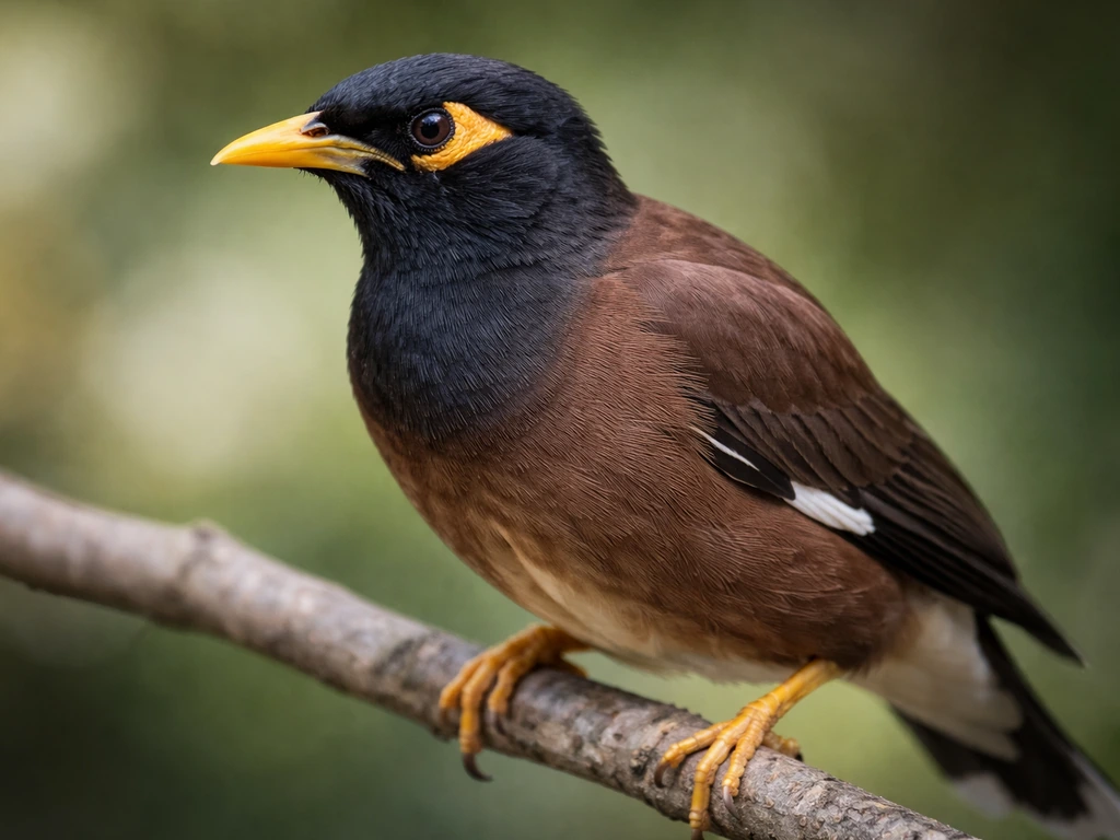 Close-up of a myna bird showing the yellow eye-skin patch and black head against brown body.