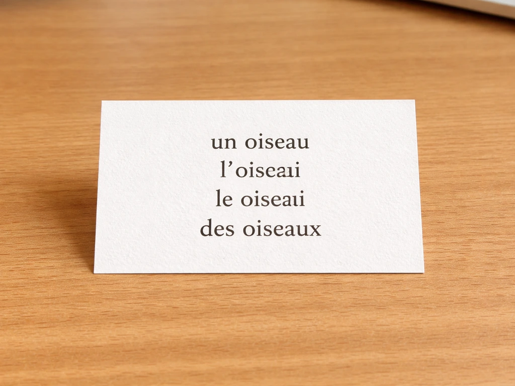 Mini printed reference card on a wooden desk showing four example French phrases with “oiseau”.