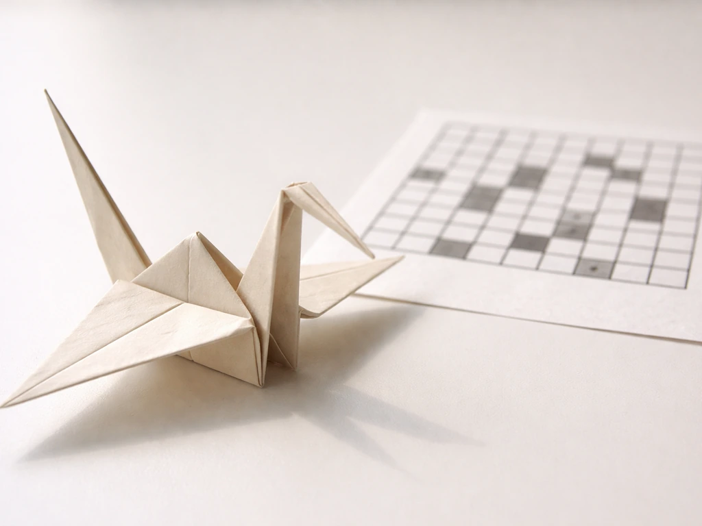 Close-up of a folded origami crane beside an empty crossword grid.