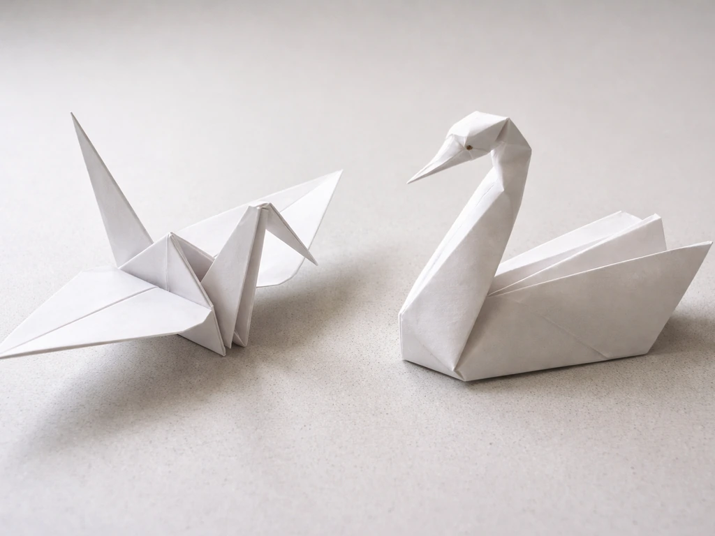 Two origami birds side-by-side: a folded crane and a folded swan on a light tabletop.