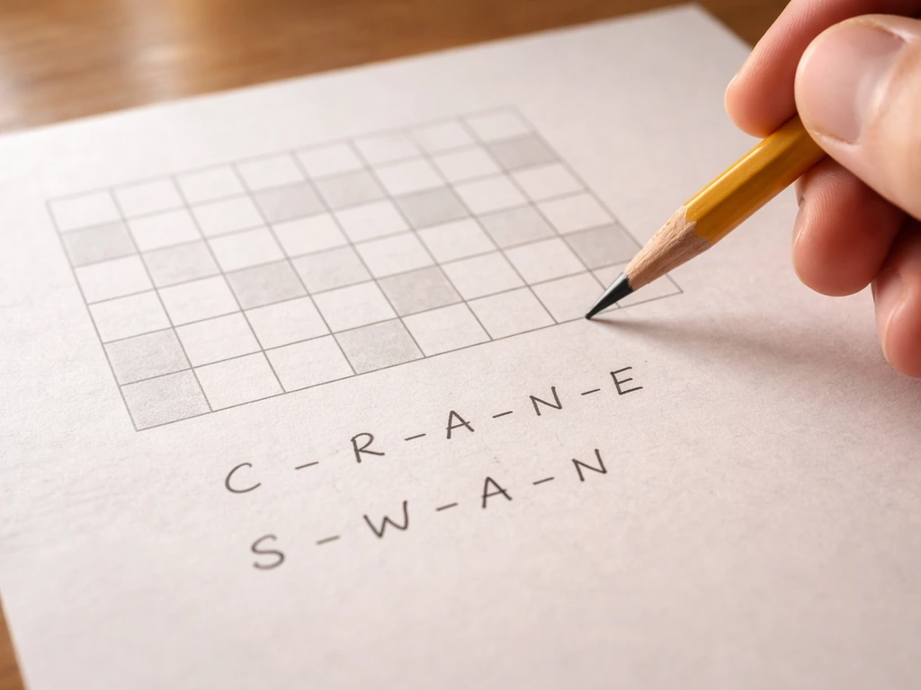 Close-up of pencil marking letter pairs C-R-A-N-E and SWAN beside blank crossword squares