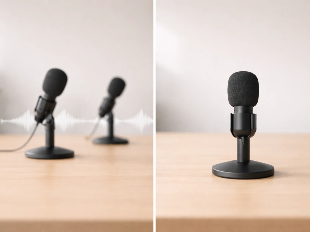 Split-screen photo of two simple microphone setups with a third blurred phonetics cue area, no readable text